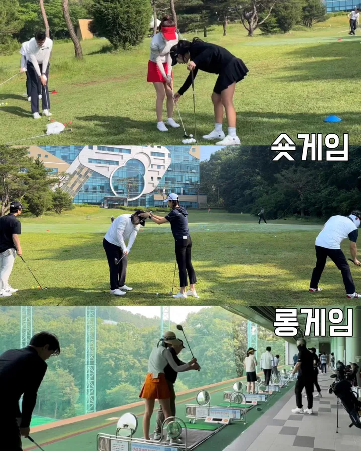 숏게임과 롱게임 레슨 장면 — 잔디에서의 어프로치 지도와 야외 타석 드라이버 지도